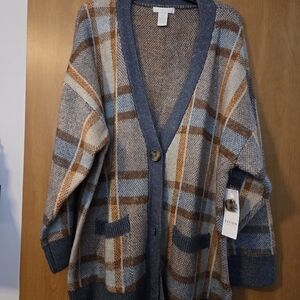DESIGN HISTORY Bohemian Chunky Slouchy Blue and Brown Plaid Cardigan Size XXL